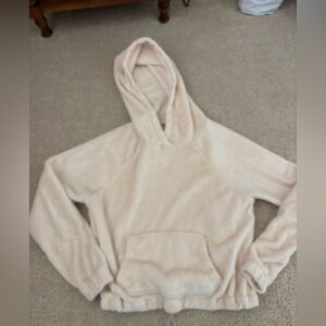 Women’s hippie rose fuzzy cream drawstring bottom hoodie sweatshirt XS